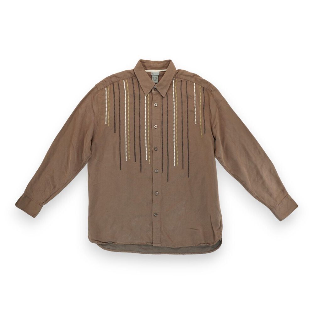 R&R Casual Button Up Shirt‎ Mens Large Brown Western Long Sleeve Embroidered